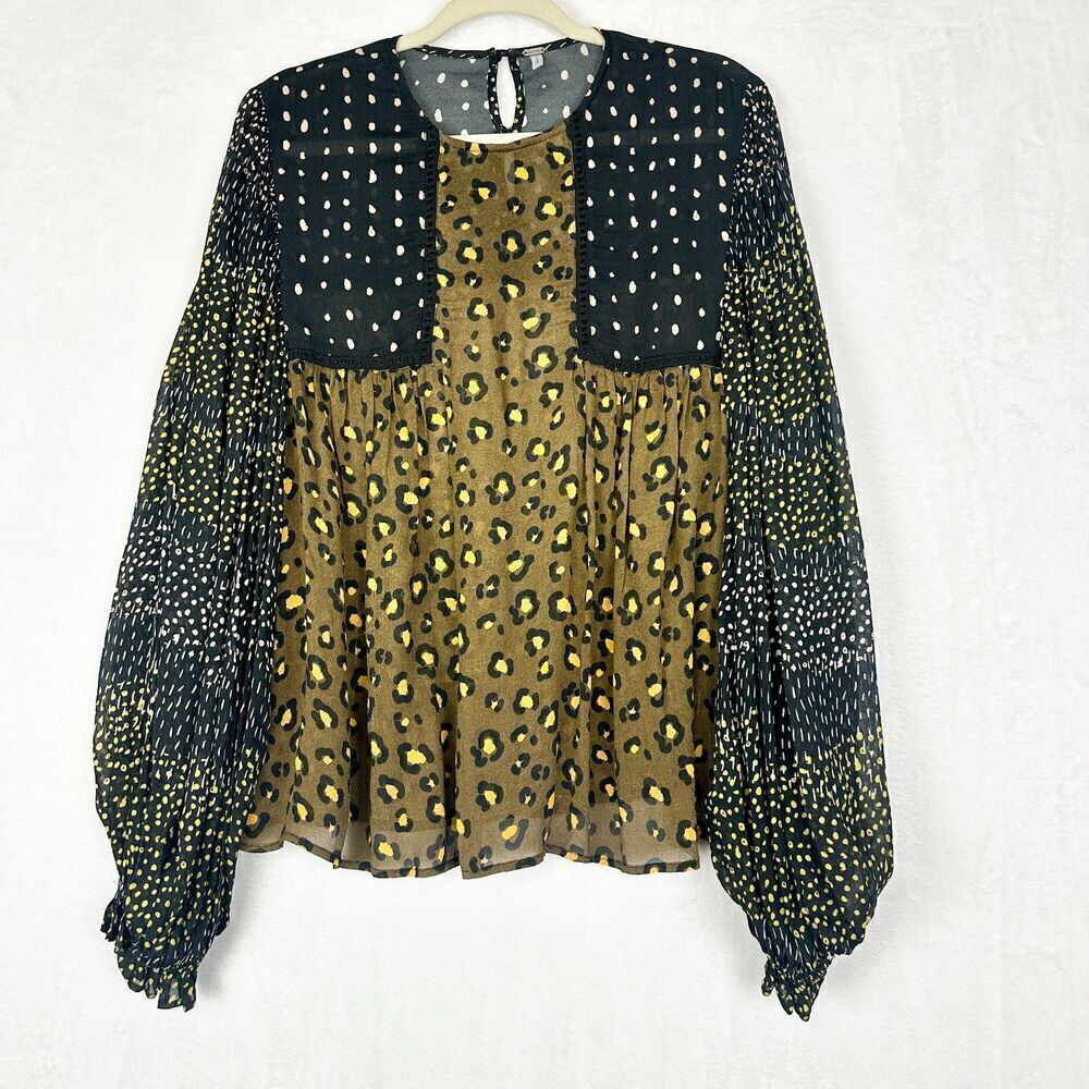 Anthropologie Blank London Eclectic Leopard Peasant Blouse Size XS Patchwork - Picture 2 of 8